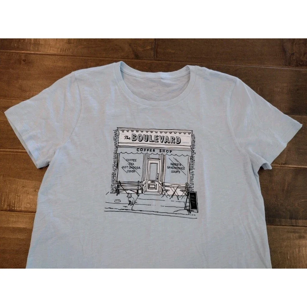 J.CREW Women's Collector light blue short-sleeve Boulevard Coffee Shop t-shirt M